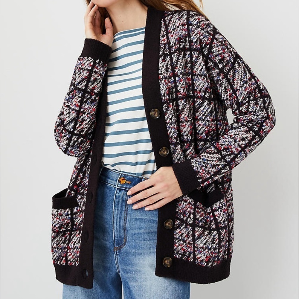 NWT Ann Taylor tweedy plaid oversized boyfriend cardigan multicolor tweed button